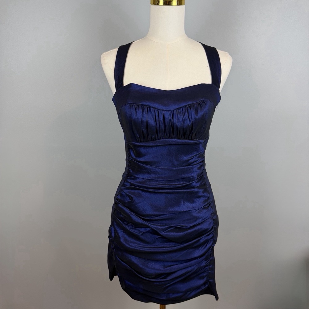 Jessica McClintock Short Dress Womens Size 6 Metallic Navy Purple Vtg HOCO Y2K